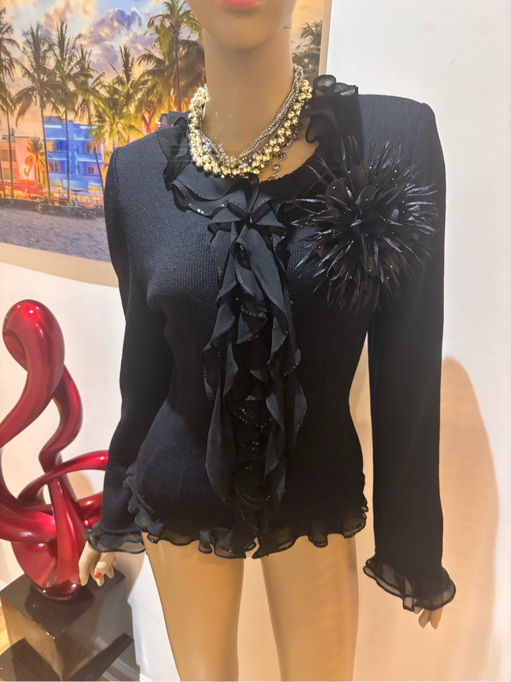 St. John Black Ruffle  Blazer Jacket elegant 8 frills embellished - Picture 5 of 5